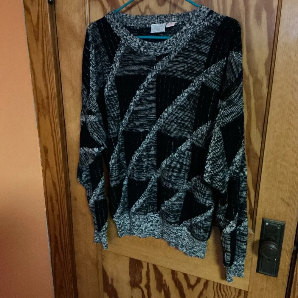 Vintage 80s Black Gray Geometric Sweater Retro Oversized Knit Unisex